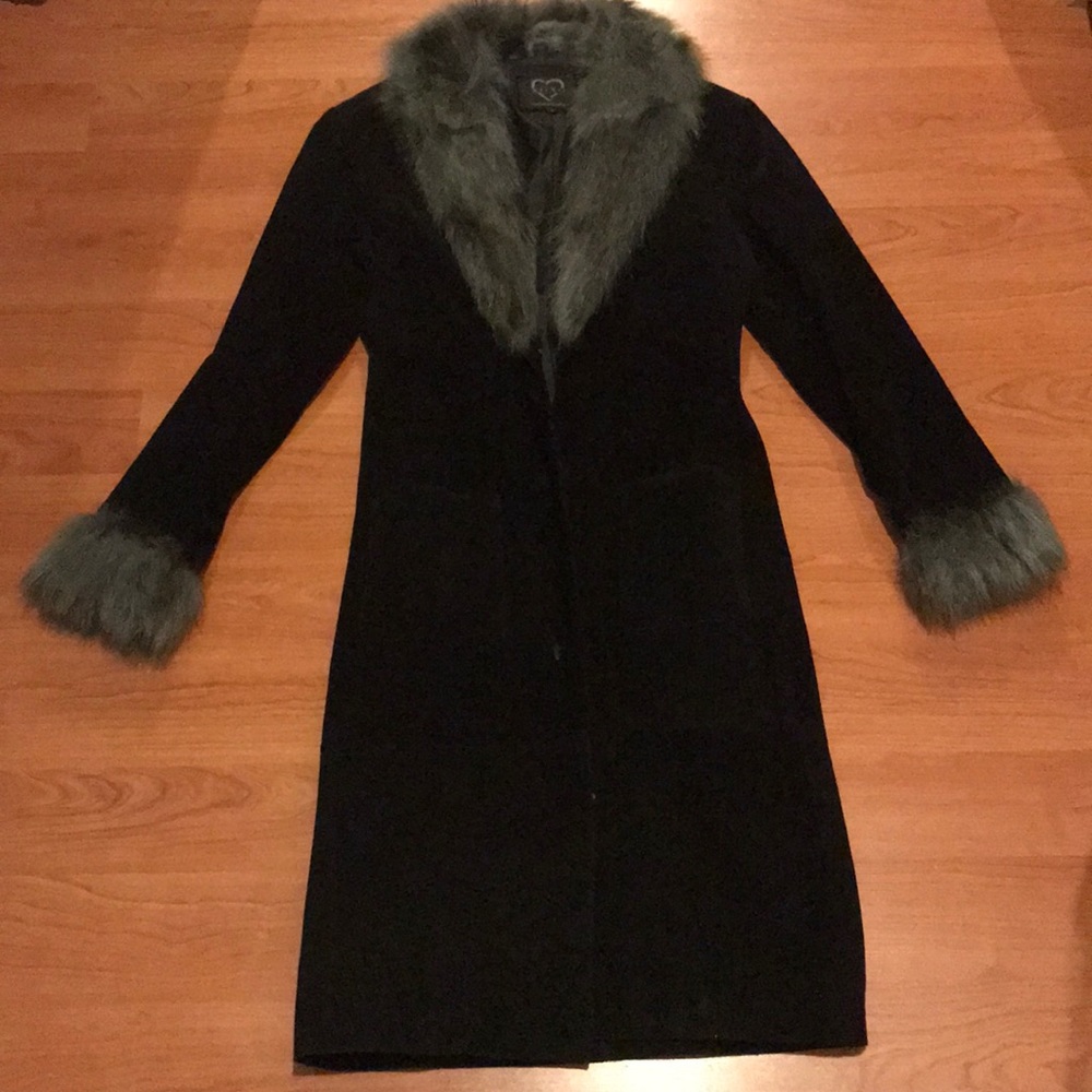 XOXO Leather and Suede black long coat w/ grey fur